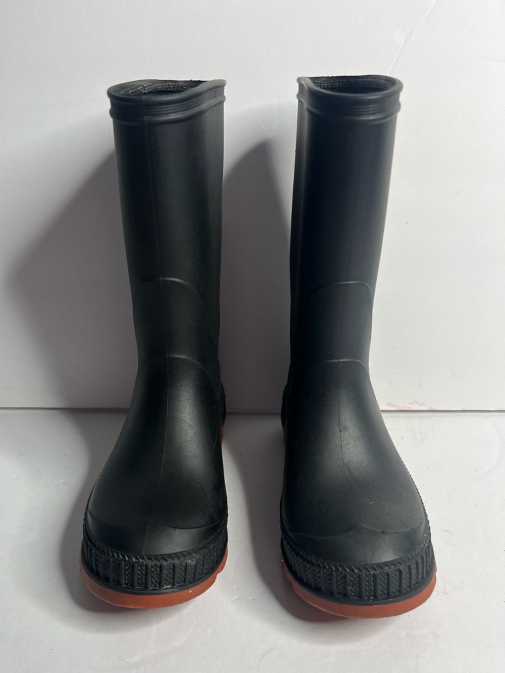 Kids Black Rubber Rain Boots with Contrasting Brown Sole